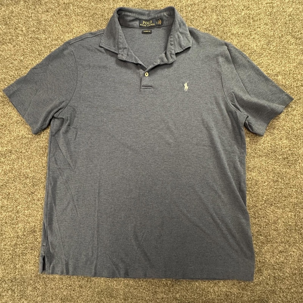 Polo Ralph Lauren Mens Classic Fit Blue Heather Jersey Polo Shirt Large L 223